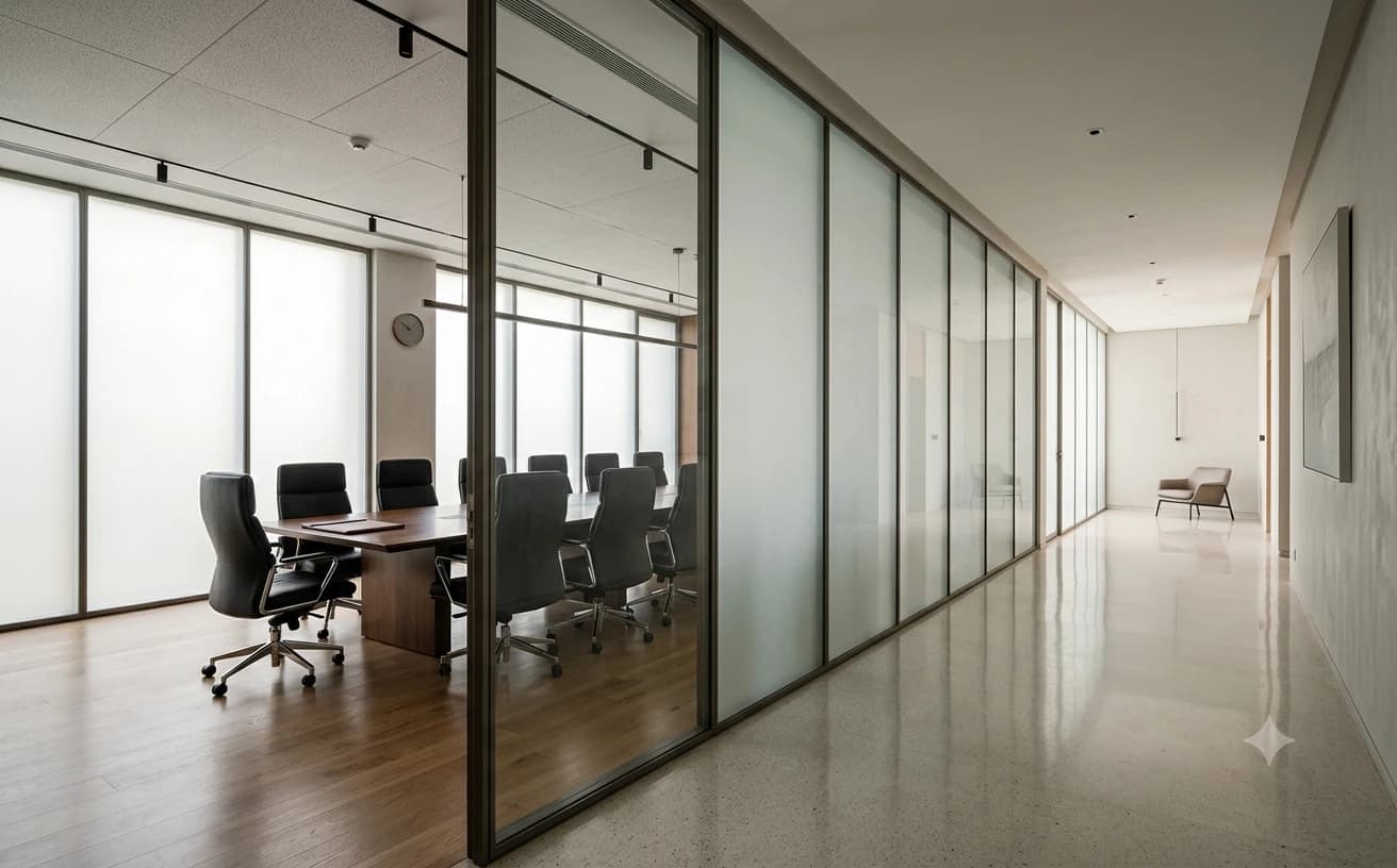 Office interior fitted with switchable smart film