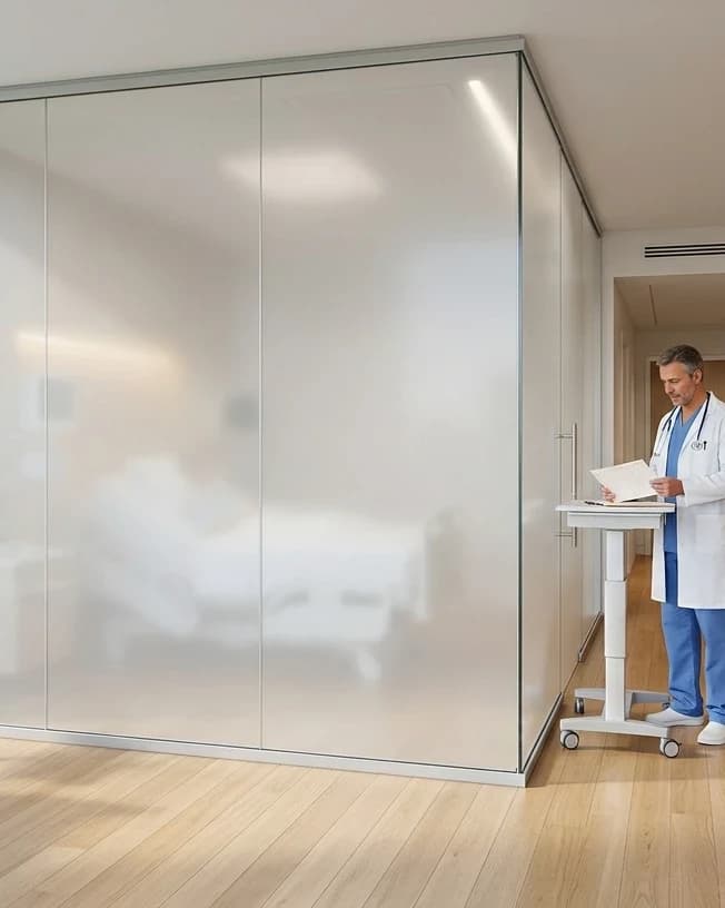 Patient suite — Frosted bay partition, private on demand